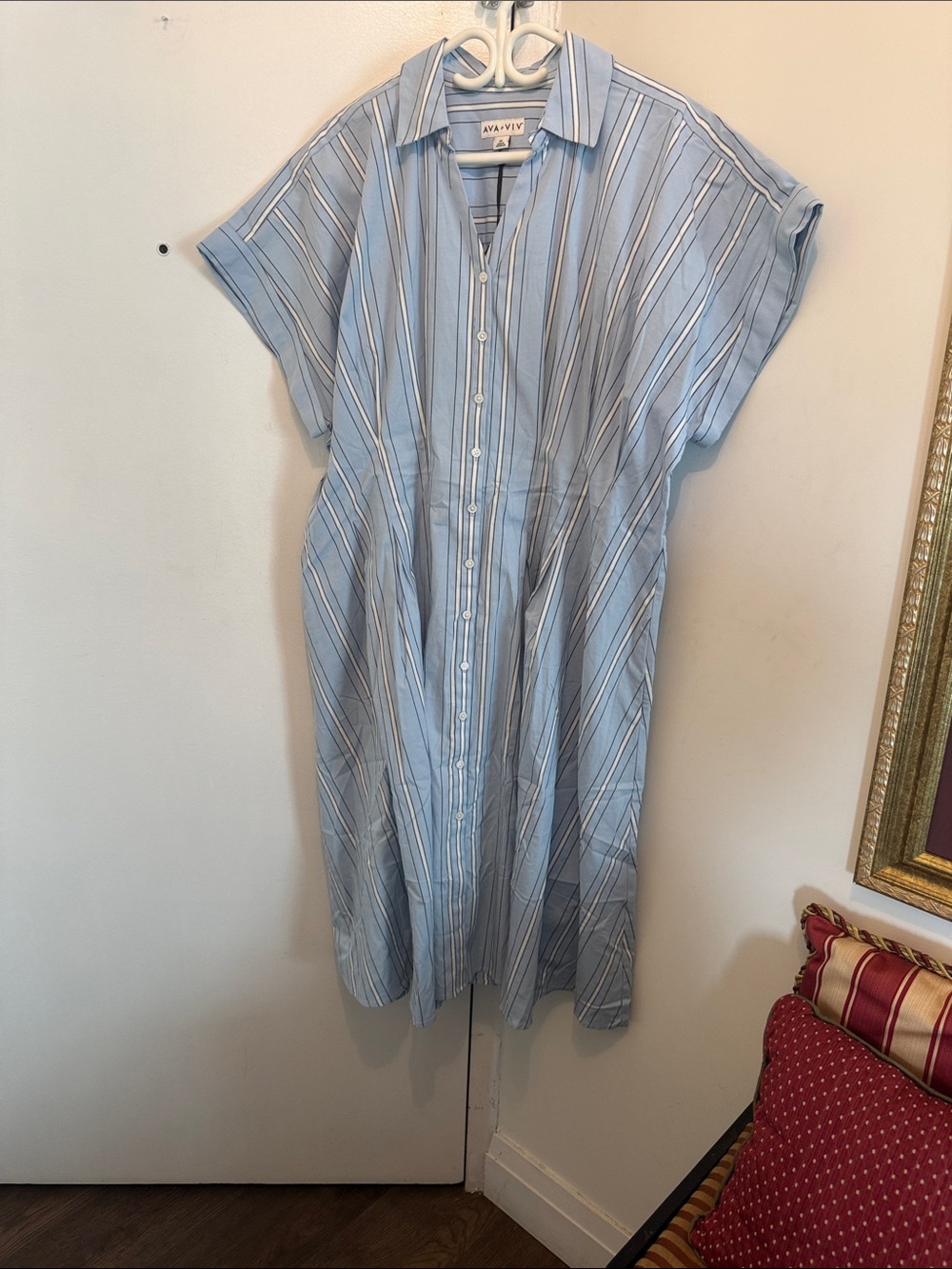 Ava & Viv Light Blue and White Striped Button-Front Midi Dress